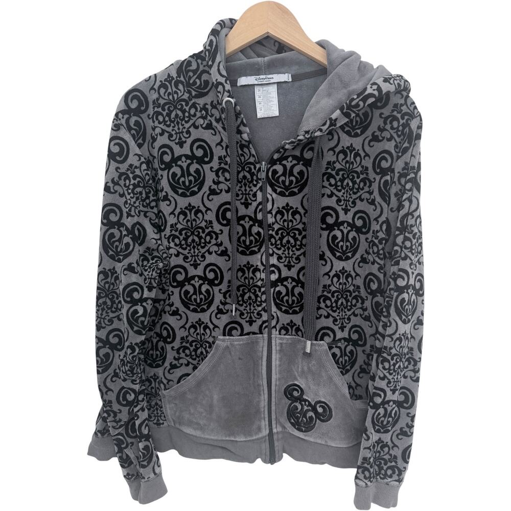 Disney Parks Mickey Mouse Hoodie Womens 2X Gray Black Velour Zip Up Jacket